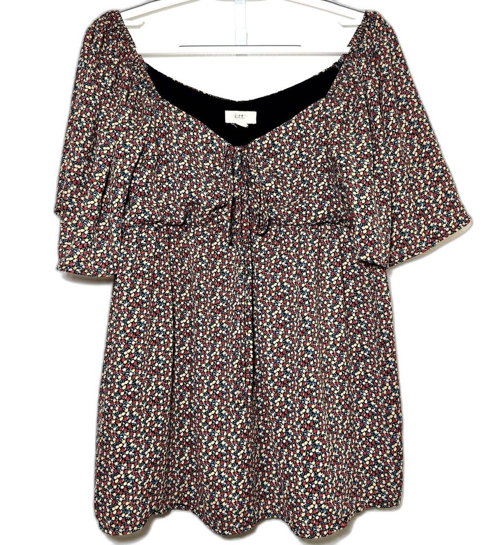 OTT Anthropologie M Floral Dot Empire Blouse Square Neck Flutter Sleeve Lined